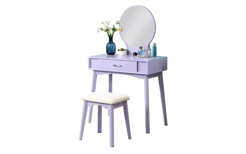 Moderna toeletta trucco con specchio rotondo, contenitori organizzati, sgabello abbinato per camera da letto, finitura viola, design salvaspazio