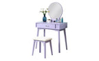 Moderna toeletta trucco con specchio rotondo, contenitori organizzati, sgabello abbinato per camera da letto, finitura viola, design salvaspazio
