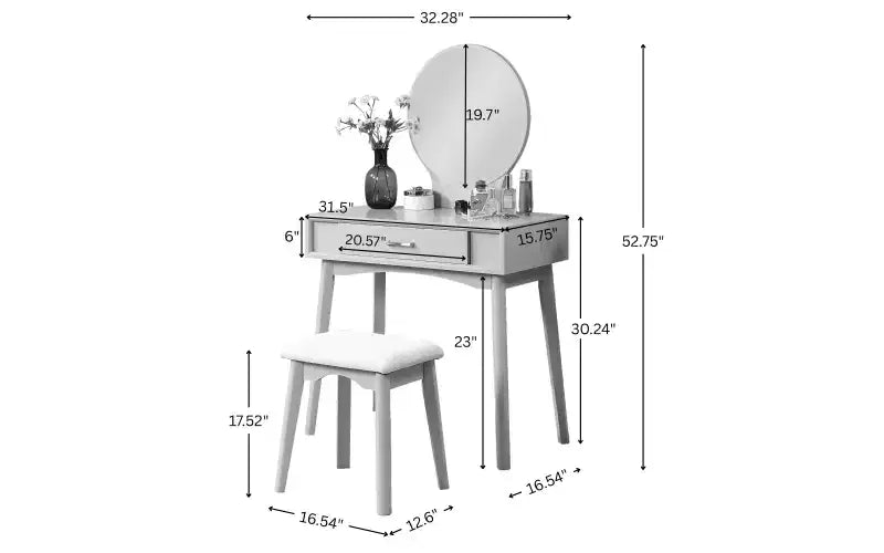 Moderna toeletta trucco con specchio rotondo, contenitori organizzati, sgabello abbinato per camera da letto, finitura viola, design salvaspazio