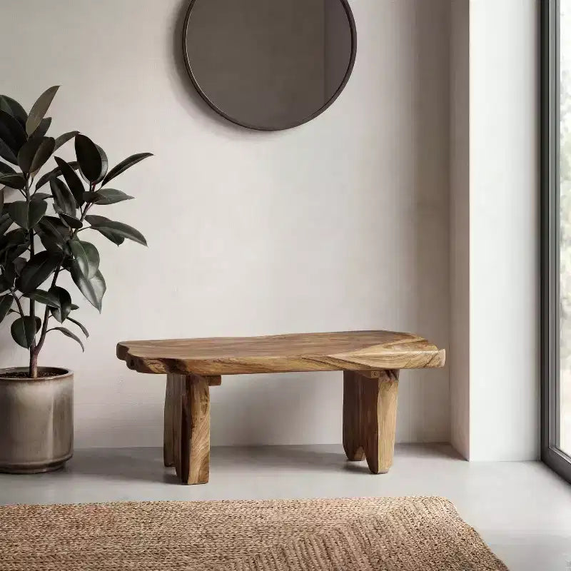 JONATHAN Y Stumpy 35.4 Panca da Ingresso Artigianale Rustica Minimalista in Legno Massello di Teak con Bordo Naturale