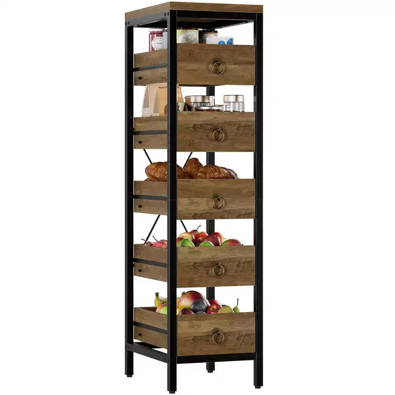Scaffale portaoggetti da cucina a 5 ripiani stretto con cestelli estraibili, organizer multiuso salvaspazio per frutta, verdura, snack, soggiorno, bagno