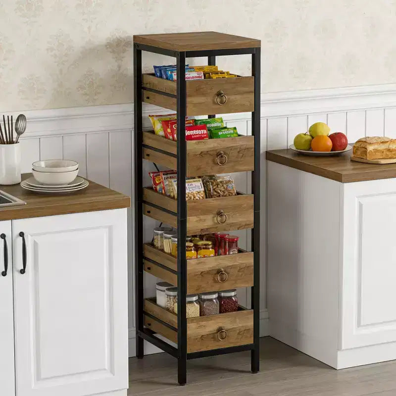 Scaffale portaoggetti da cucina a 5 ripiani stretto con cestelli estraibili, organizer multiuso salvaspazio per frutta, verdura, snack, soggiorno, bagno