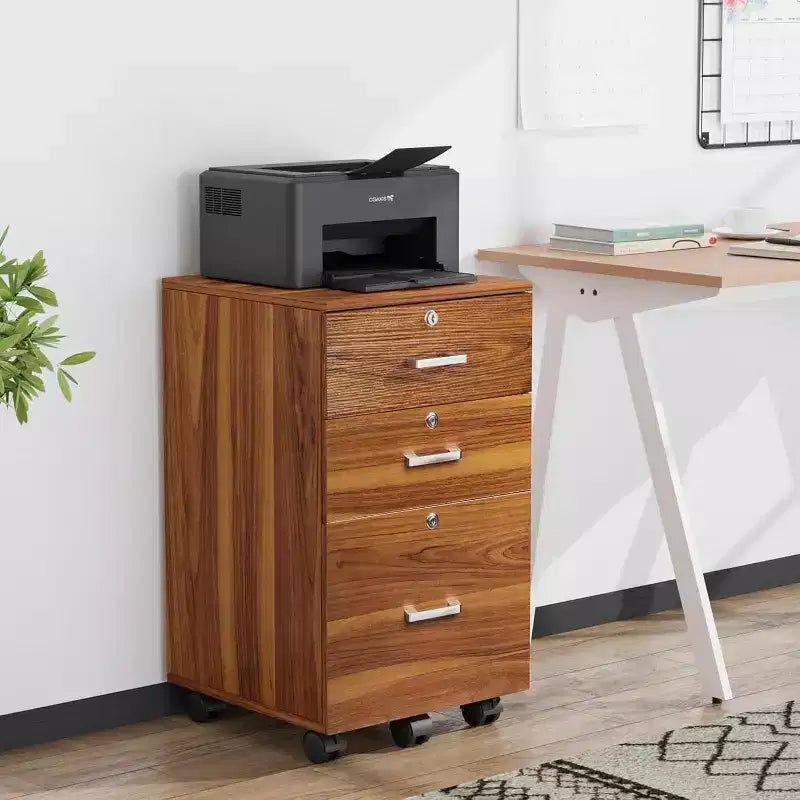 VINGLI Classificatore a 3 cassetti con serratura, cassettiere in legno con ruote per ufficio, mobile porta stampante, organizer per documenti sotto la scrivania