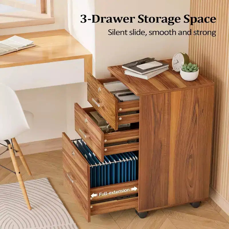 VINGLI Classificatore a 3 cassetti con serratura, cassettiere in legno con ruote per ufficio, mobile porta stampante, organizer per documenti sotto la scrivania