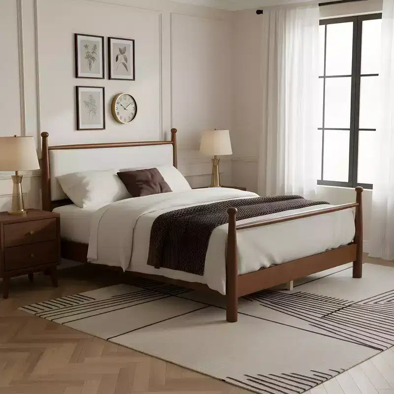 Base Letto Matrimoniale/King Size con Testiera Imbottita e Robusto Telaio in Pioppo Massello, Beige e Noce -