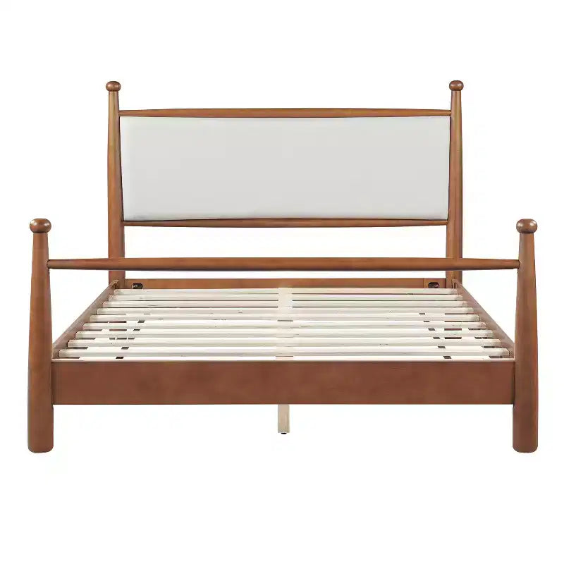 Base Letto Matrimoniale/King Size con Testiera Imbottita e Robusto Telaio in Pioppo Massello, Beige e Noce -