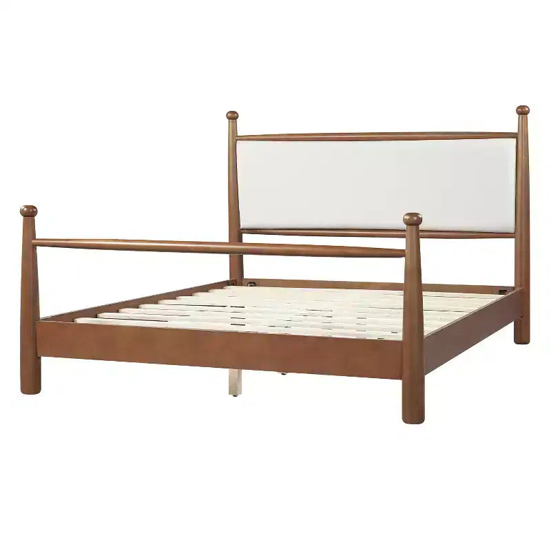 Base Letto Matrimoniale/King Size con Testiera Imbottita e Robusto Telaio in Pioppo Massello, Beige e Noce -