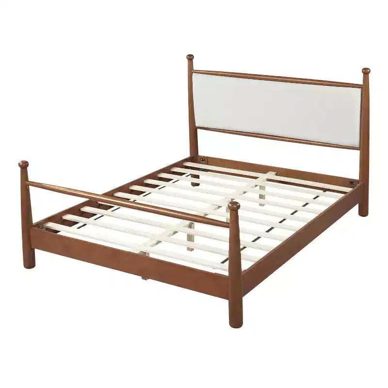 Base Letto Matrimoniale/King Size con Testiera Imbottita e Robusto Telaio in Pioppo Massello, Beige e Noce -